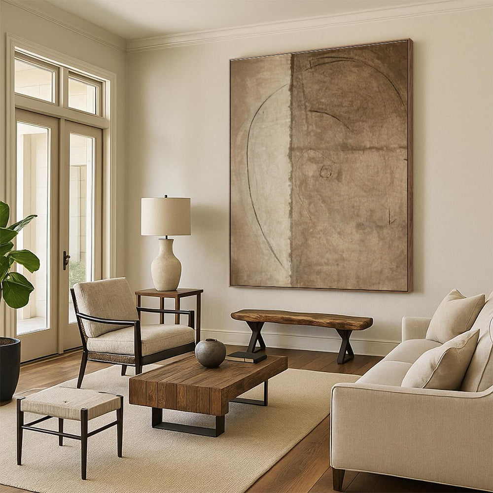 Minimalist Canvas Art - Monochrome Brown & Beige Subtle Lines Abstract Drawing PT563