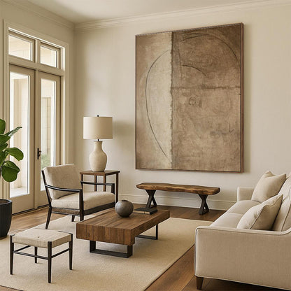 Minimalist Canvas Art - Monochrome Brown & Beige Subtle Lines Abstract Drawing PT563