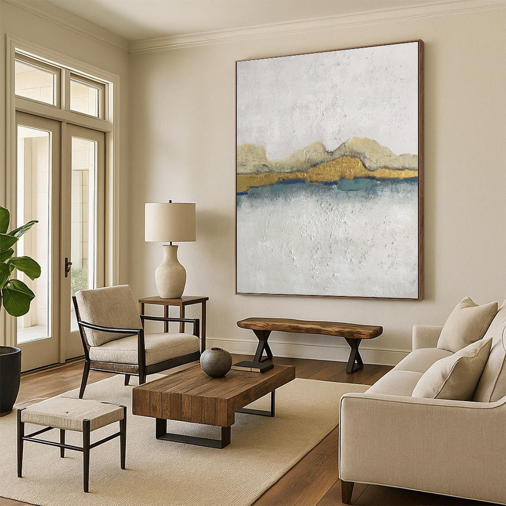 Huge Size White, Gold, and Blue Textured Abstract Landscape Art DPS468