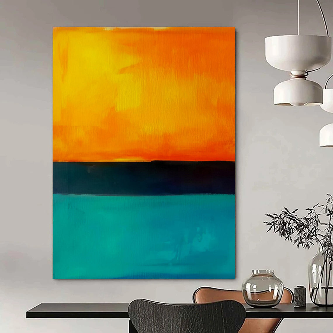 Oversized Abstract Orange, Black & Teal Sunset Scene, Cool Abstract Paintings DPS498