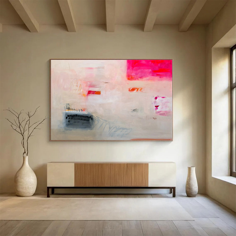 Large Contemporary Wall Art Soft Pink & Gray Abstract Composition On Canvas HPS020