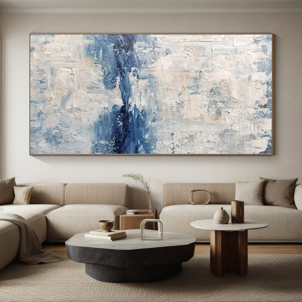 Hand Painted Art Blue & White Textured Abstract Painting On Canvas PT093