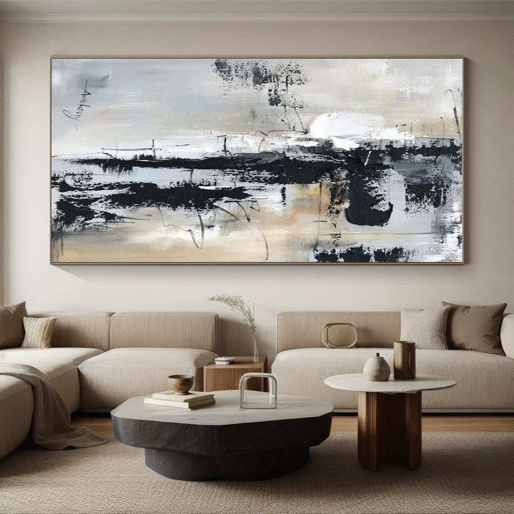 Large Contemporary Wall Art - Black, White & Beige Textured Abstract Art with Dynamic Lines PT587