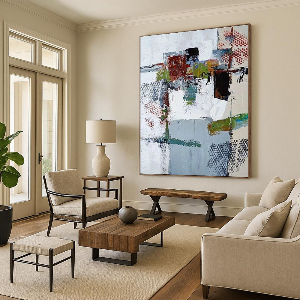 48x60 Multicolor Abstract Painting with Dotted and Textured Elements, Cool Abstract Paintings PT216