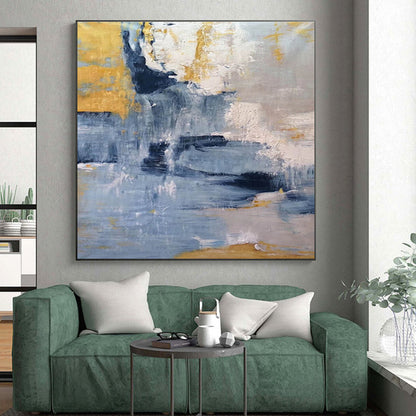Modern Art Acrylic in Blue, Grey, Yellow, and White Abstract Textural Layers PT248