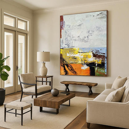 48x60 Orange, Yellow, White, and Gray Abstract Painting with Bold Textures, Cool Abstract Paintings PT206