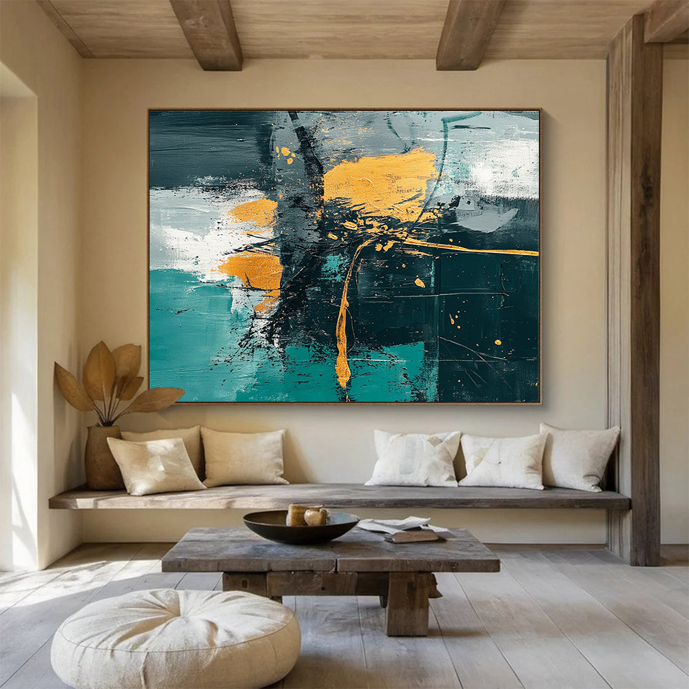Oversized Abstract Wall Art Teal, Gold, and Black Textured Expressionist Art HPS327