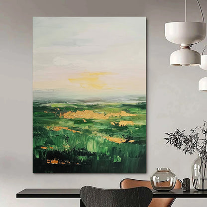 Large Contemporary Wall Art Green, Gold, and Gray Abstract Landscape Painting DPS436