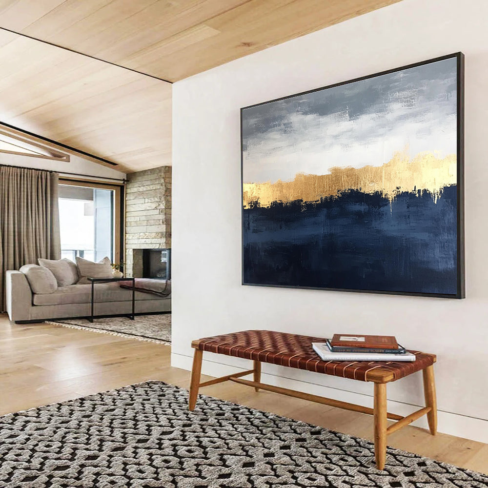 Hand-Painted Gray, Gold & Navy Textured Landscape Abstract Painting HPS261