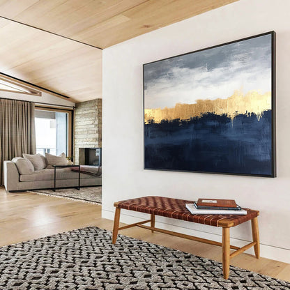 Hand-Painted Gray, Gold & Navy Textured Landscape Abstract Painting HPS261