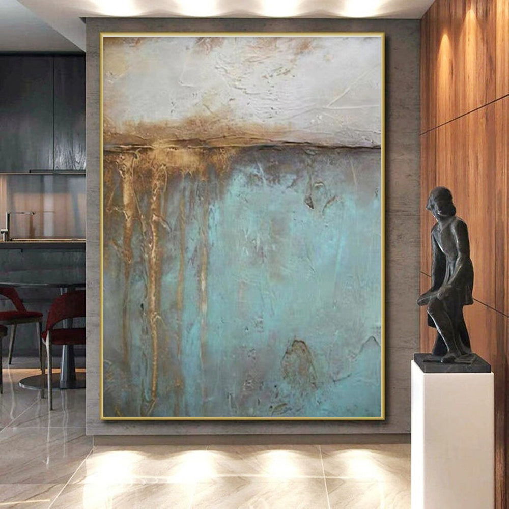 Big Painting Teal and Brown Textured Abstract Work, Large Contemporary Wall Art PT530