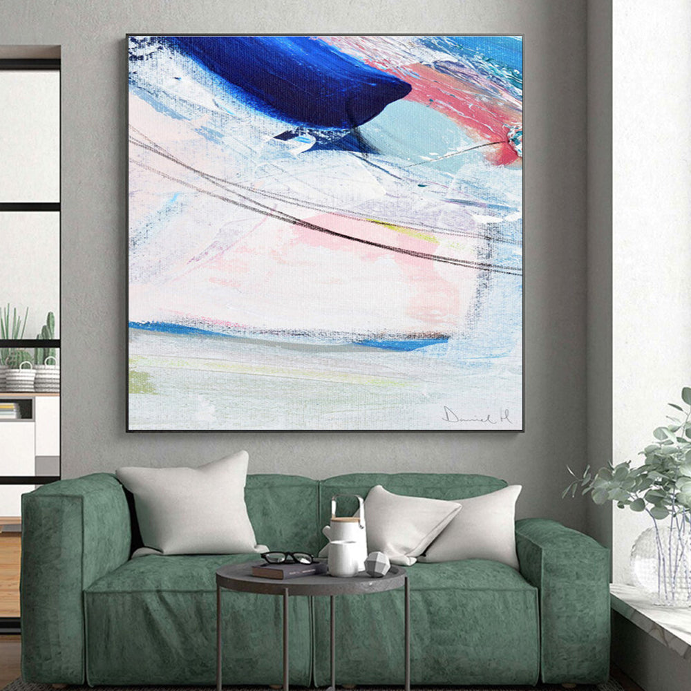 Acrylic Modern Art Paintings in Blue, Pink, White, and Grey Abstract Brushstrokes PT236