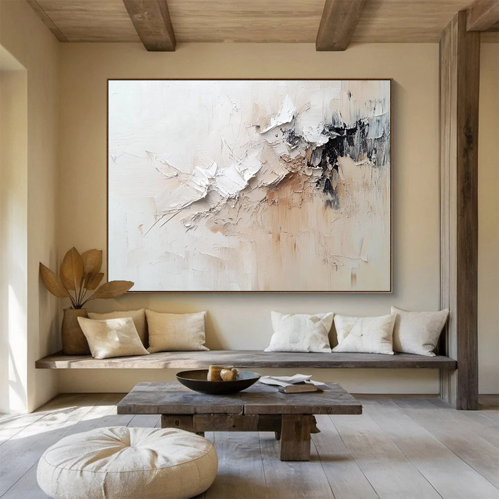 Large Painting In Living Room White, Beige, and Black Textured Abstract Art HPS305