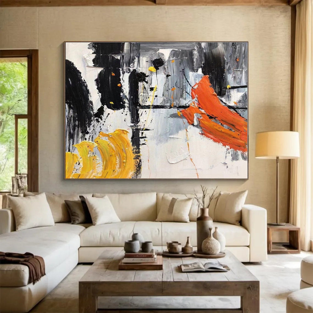 Hand-Painted Black, White, Orange & Yellow Dynamic Abstract On Canvas HPS061