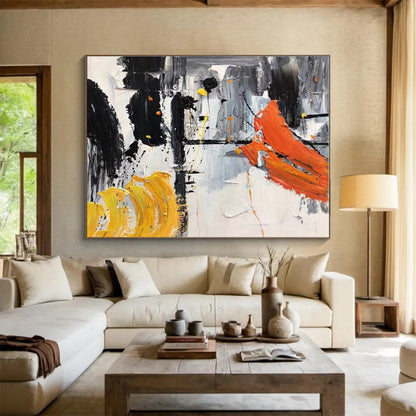 Hand-Painted Black, White, Orange & Yellow Dynamic Abstract On Canvas HPS061