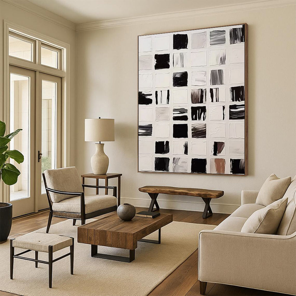 Hand Painted Art Black, White and Gray Grid Abstract Composition, Acrylic Modern Art Painting PT555