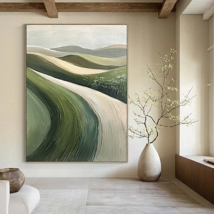 Minimalist Canvas Art Green and Beige Abstract Rolling Hills Painting DPS438