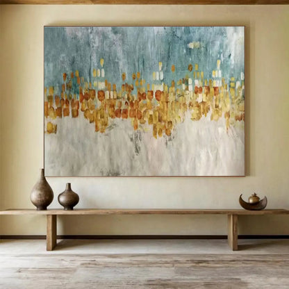 Oversized Abstract Wall Art Teal, Gold, and Beige Abstract Cityscape Art HPS367