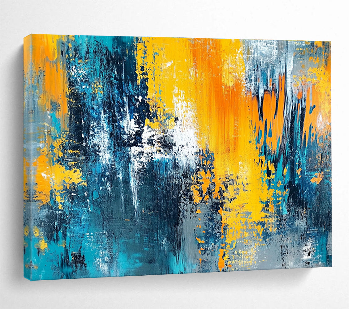 Hand-Painted Teal, Yellow, Orange & Gray Dynamic Abstract Painting HPS267
