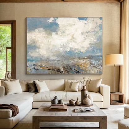 Large Painting In Living Room Gray, White, and Beige Abstract Seaside Art HPS385