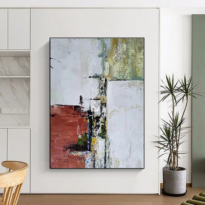 Hand Painted Art with Red, White, Green, and Beige Textured Abstract Forms, Large Painting In Living Room PT213