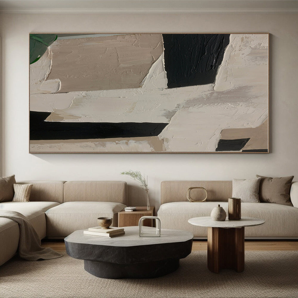 Large Contemporary Wall Art in Black, Beige, and White Geometric Textures, Handmade Art PT306