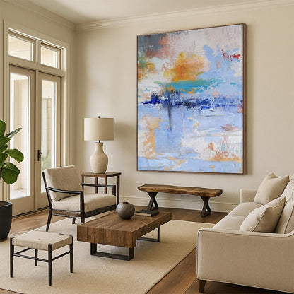 Modern Art Acrylic Blue Orange White Textured Abstract Art PT359