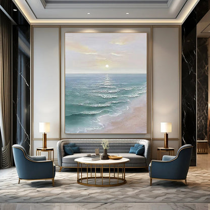 Large Contemporary Wall Art Blue, Beige, and White Coastal Sunset Abstract Painting DPS455