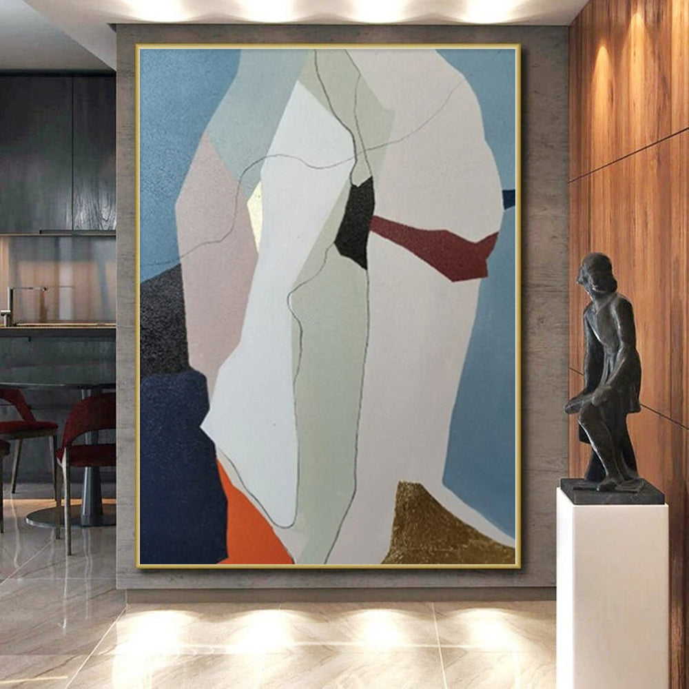 Unique Abstract Art with Pastel and Metallic (Blue, Beige, Gold, Red) Shapes PT020