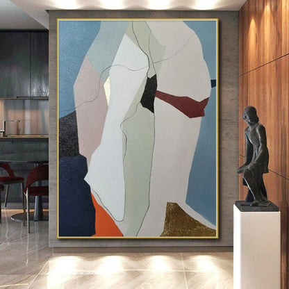 Unique Abstract Art with Pastel and Metallic (Blue, Beige, Gold, Red) Shapes PT020