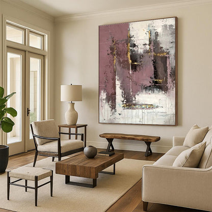 Hand Painted Art Pink Gray Gold Textured Abstract Art PT421