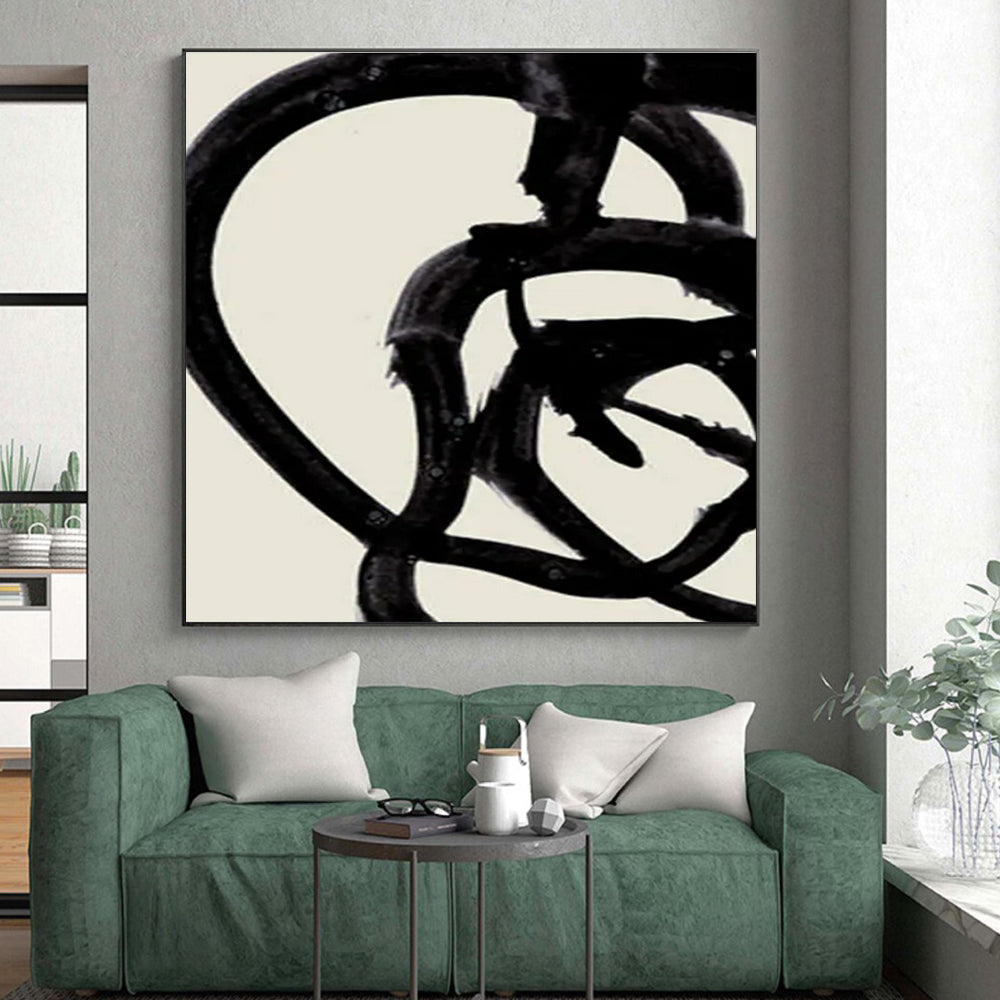 Minimalist Canvas Art Black and Beige Curved Abstract Art PT804
