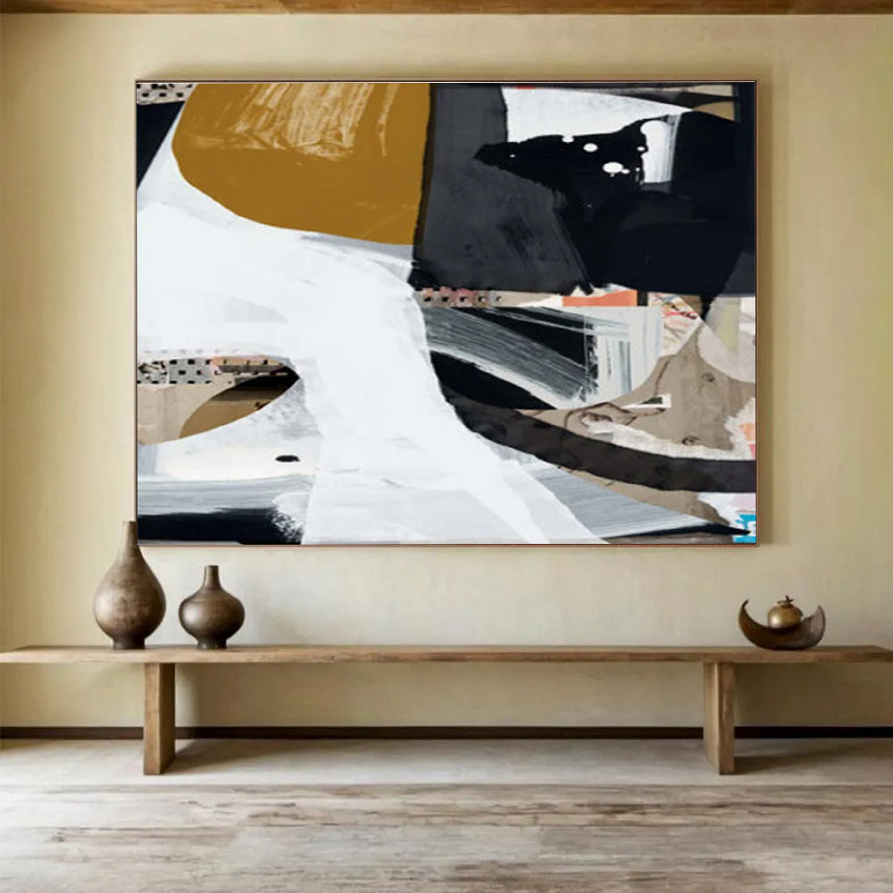 Large Contemporary Wall Art Black, White & Gold Abstract Collage Art HPS216