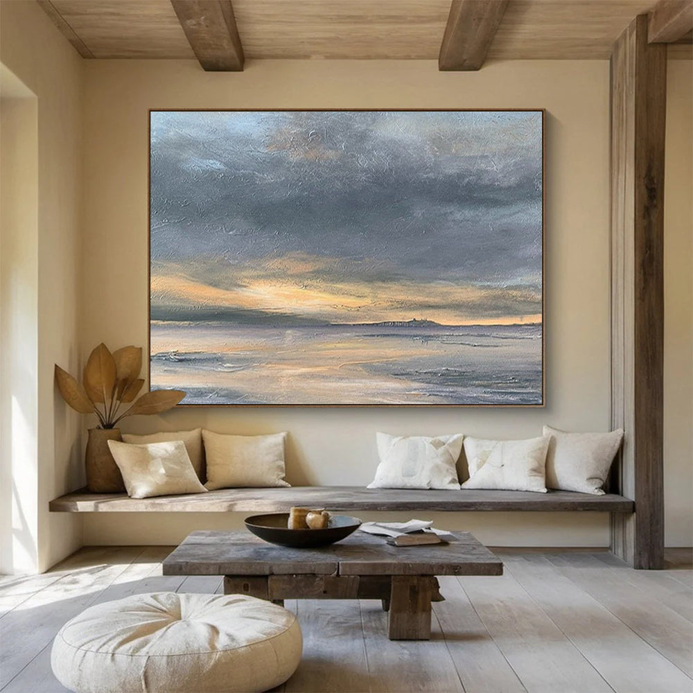 Hand-Painted Gray & Orange Abstract Coastal Sunset Art HPS181