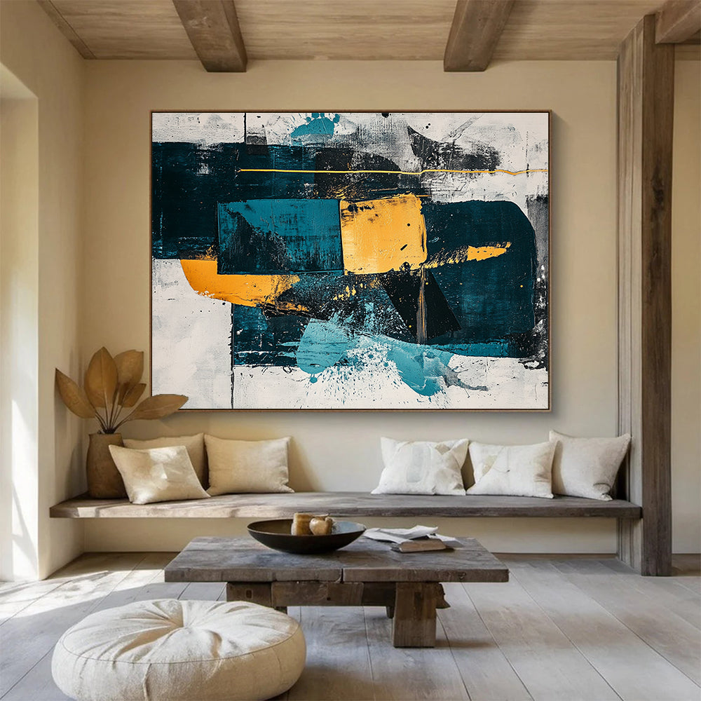 Large Contemporary Wall Art Teal, Yellow, and Black Geometric Abstract Art HPS326