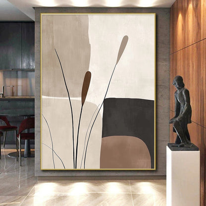 Abstract Canvas Wall Art Large, Beige Brown Black Minimalist Plant Abstract Art PT135