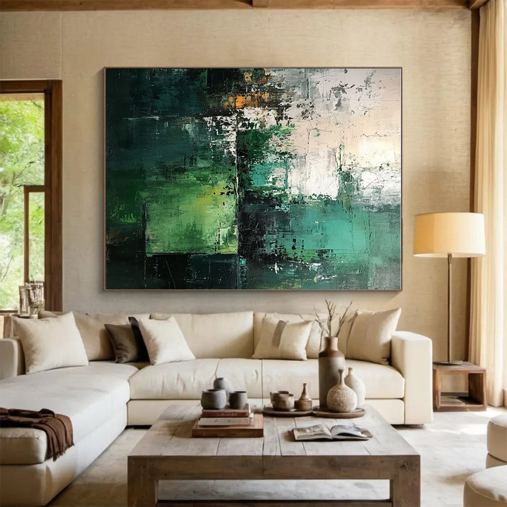 Oversized Abstract Wall Art with Multilayered Green, Teal, and White Textures, Large Contemporary Wall Art PT208