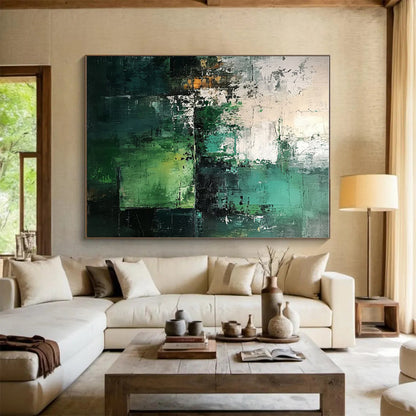 Oversized Abstract Wall Art with Multilayered Green, Teal, and White Textures, Large Contemporary Wall Art PT208