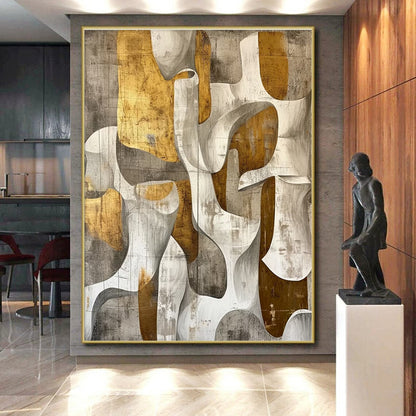 Hand Painted Art with Gold, Gray, and White Organic Abstract Shapes, Large Contemporary Wall Art PT204