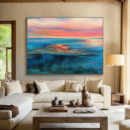 Hand Painted Art Pink, Blue & Teal Abstract Sea & Sky Art HPS182