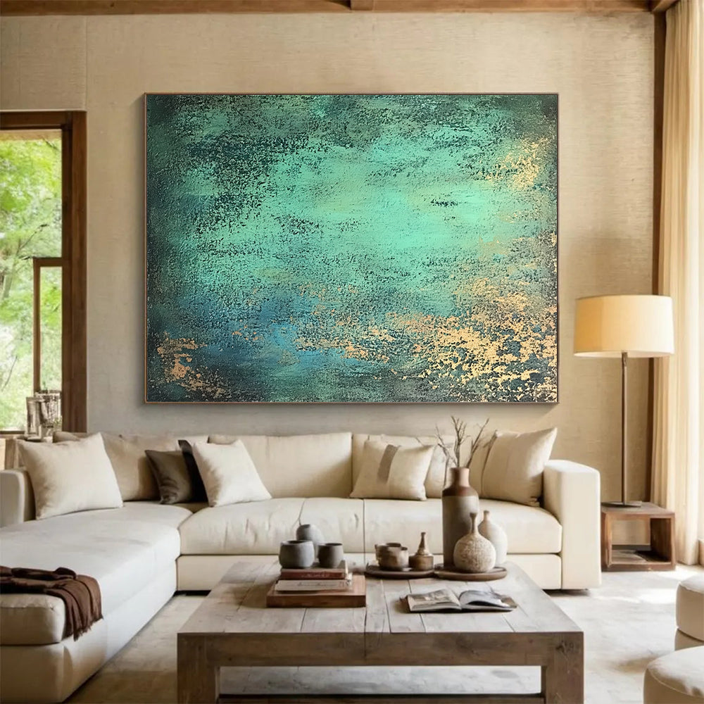 Affordable Large Abstract Wall Art, Teal Gold Abstract Textured Art PT178