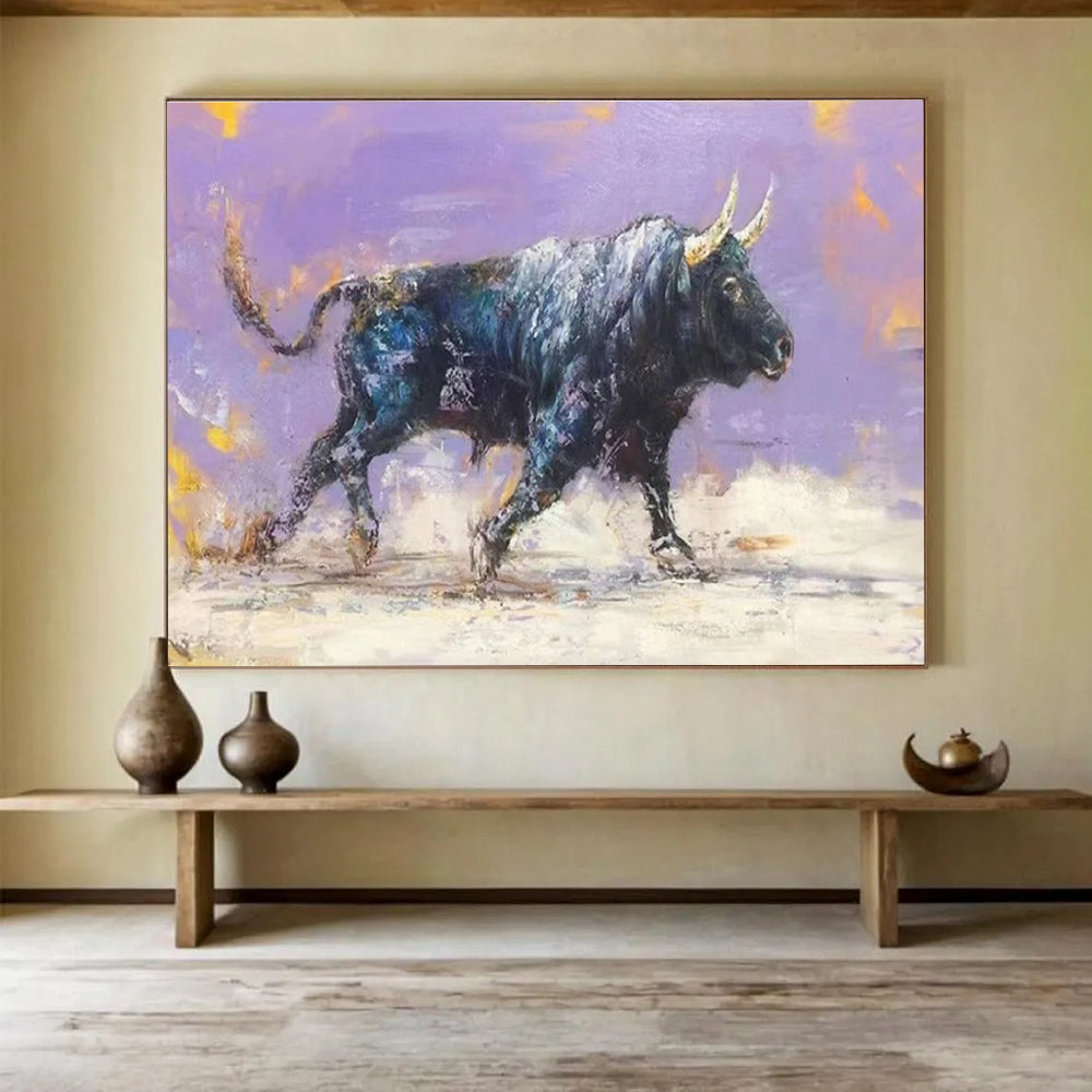 Huge Size Purple, Black, and Gold Abstract Bull Art HPS403