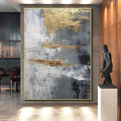 Hand-Painted Gold, Gray, and White Textured Abstract Art PT735
