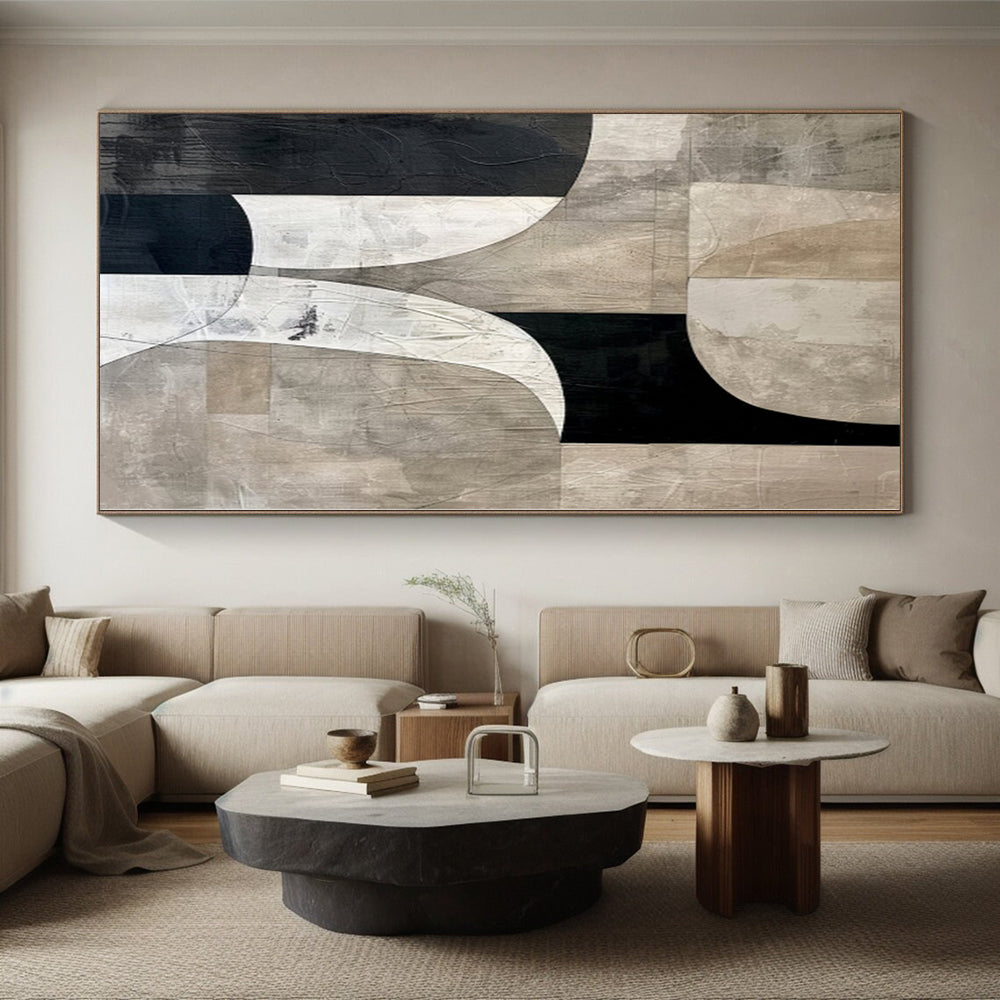 Hand Painting Black, White & Beige Geometric Abstract Painting On Canvas PT062