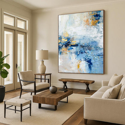 Cool Abstract Paintings Blue and Gold Abstract Textured Composition, Large Painting In Living Room PT538