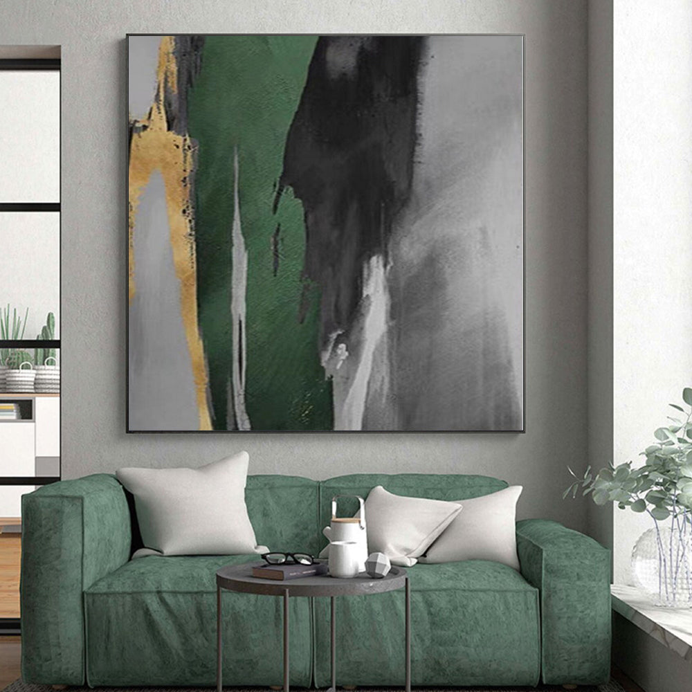 Hand Painting Green, Black, and Gold Abstract Work, Modern Art Acrylic PT002