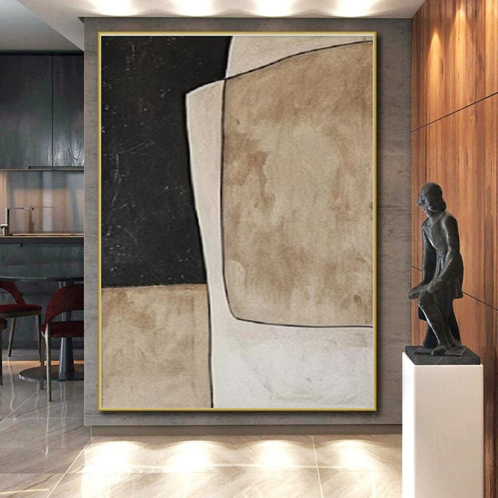 Hand Painting Black, Beige, and Brown Geometric Abstract Art PT685
