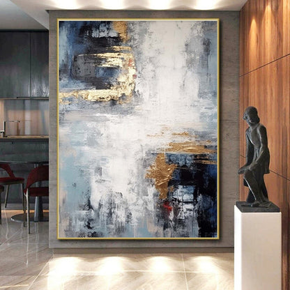 Hand-Painted Blue Gray Gold Textured Abstract Art PT366