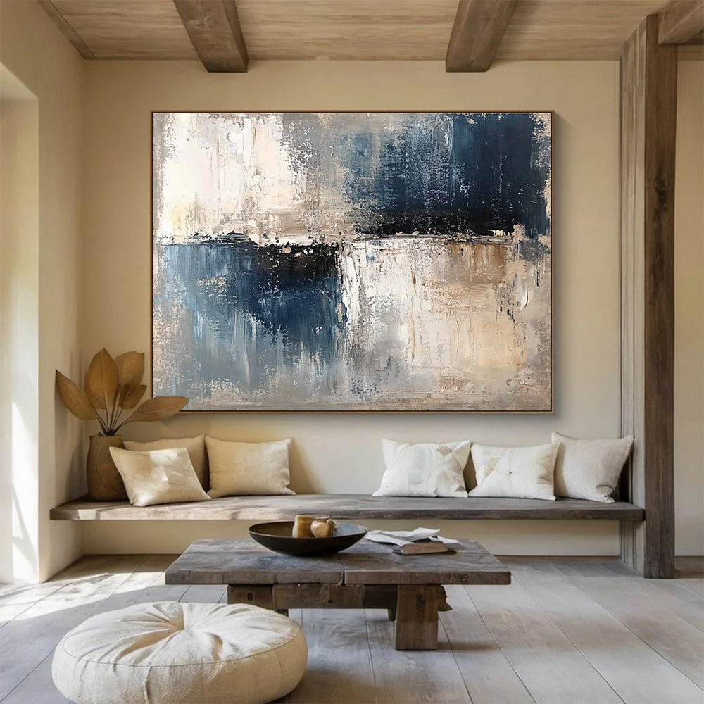 Oversized Abstract Wall Art Blue, Gray & Beige Textured Landscape Abstract Painting HPS277