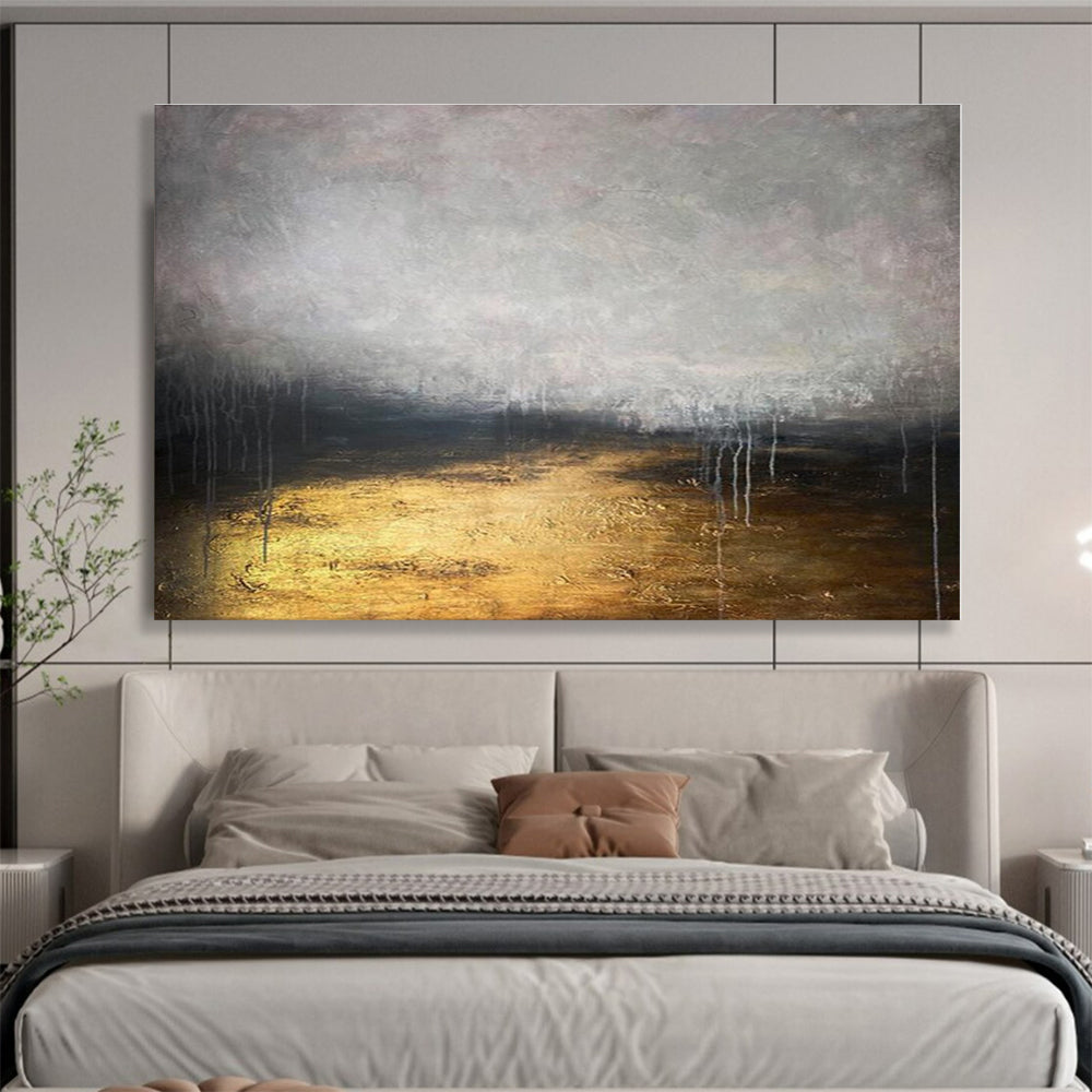 Hand Painted Art Gold & Gray Misty Abstract Landscape HPS143